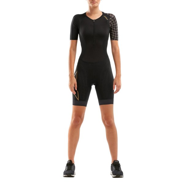 2XU® - Women's Compression Small Black/Gold Full Zip Sleeved Tri Suit