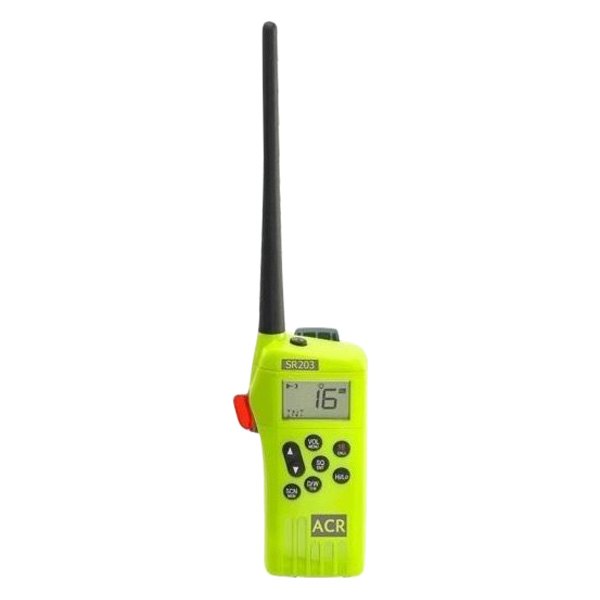 ACR® - SR203 2.5W RF Yellow Handheld GMDSS Radio with Replaceable Lithium Battery, Rapid Battery Charger and Wall Mount