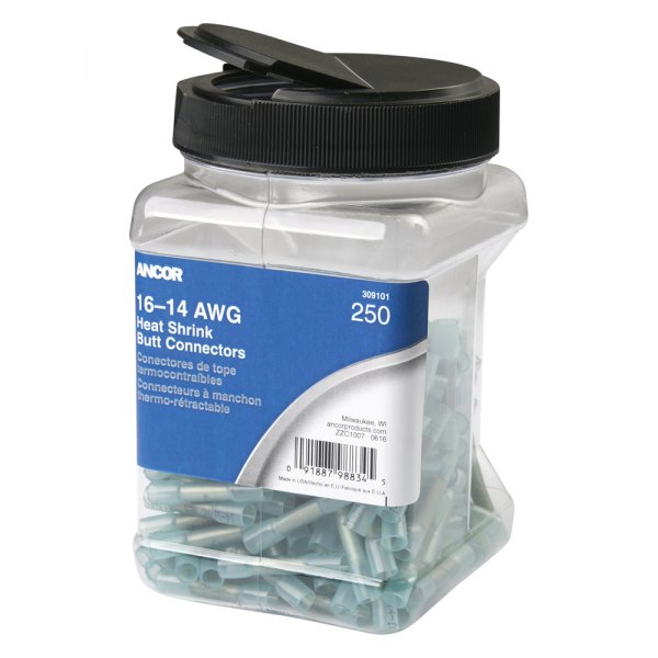 Ancor® - 16-14 AWG Blue Adhesive Lined Heat Shrink Butt Connectors, 250 Pieces
