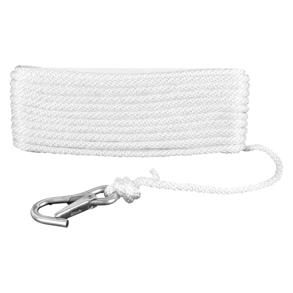 Attwood® - 3/8" D x 50' L White Polypropylene Solid Braid Anchor Line with Spring Hook