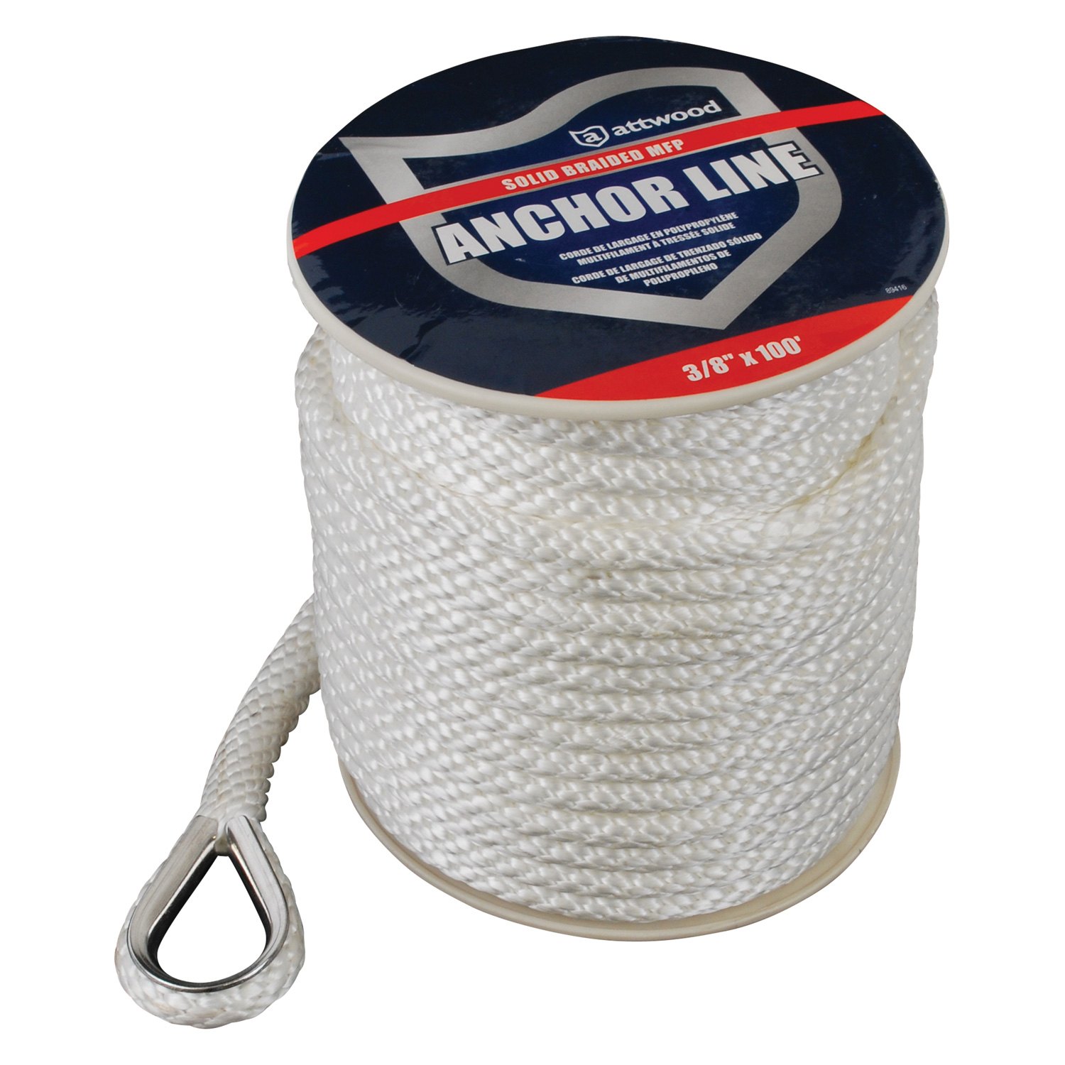 Attwood® 11724-1 - 3/8 D x 100' L White Polypropylene Solid Braid Anchor  Line with Thimble 