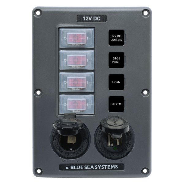 Blue Sea Systems® - Water-Resistant Circuit Breaker Switch Panel with 12 Volt Socket & Dual USB Charger