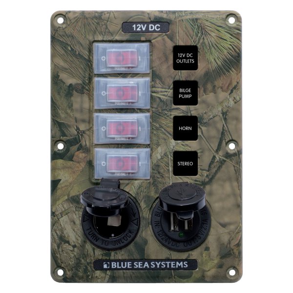 Blue Sea Systems® - Water-Resistant Circuit Breaker Switch Panel with 12 Volt Socket & Dual USB Charger