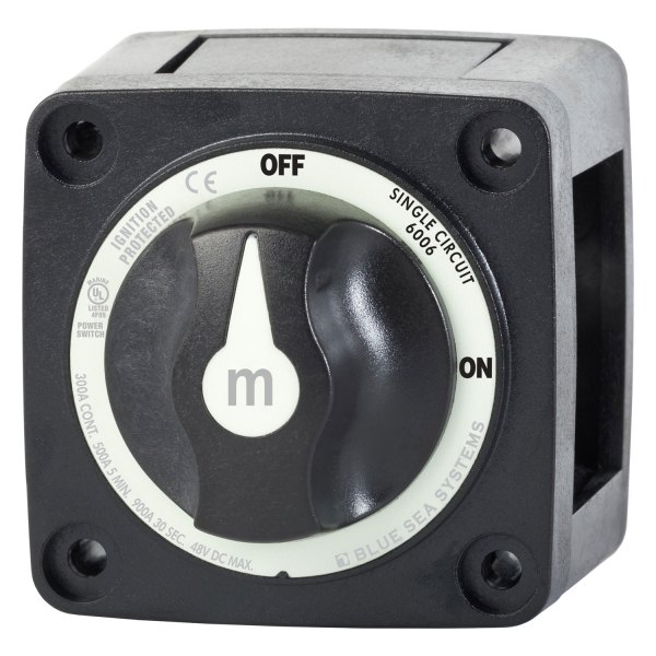 Blue Sea Systems® - M-Series Mini™ 48 V DC 300 A 2-Position On/Off Black Tinned Copper 1-Circuit Battery Switch with Knob