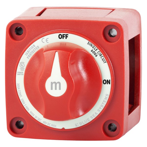 Blue Sea Systems® - M-Series Mini™ 48 V DC 300 A 2-Position On/Off Red Tinned Copper 1-Circuit Battery Switch with Knob