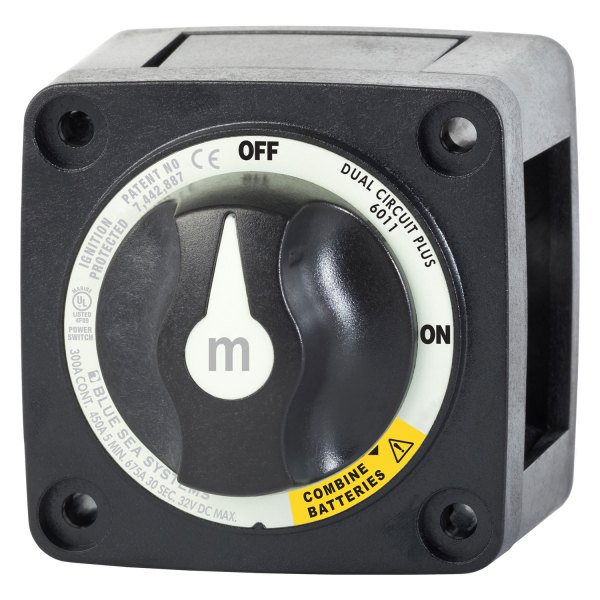 Blue Sea Systems® - M-Series Mini Plus™ 32 V DC 300 A 3-Position Black Tinned Copper 2-Circuit Battery Switch