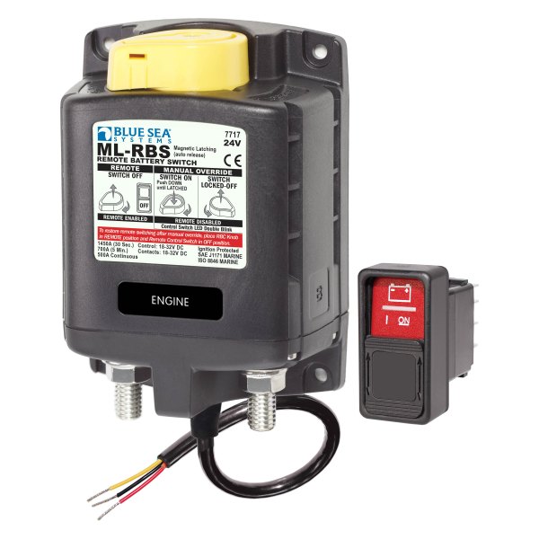 Blue Sea Systems® - ML-RBS 20.2 - 32.9 V DC 500 A Off/On LED Tinned Wire Auto-Releasing Remote Battery Switch with Manual Control