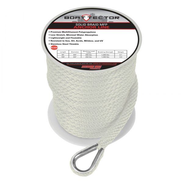 Extreme Max® - BoatTector 3/8" D x 100' L White MFP Solid Braid Anchor Line with Thimble
