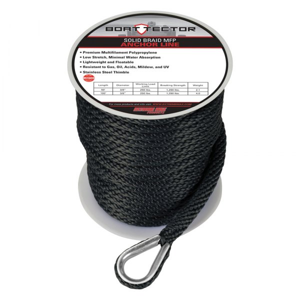 Extreme Max® - BoatTector 3/8" D x 100' L Black MFP Solid Braid Anchor Line with Thimble