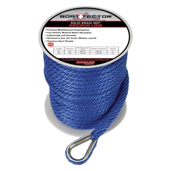 Extreme Max® - BoatTector 3/8" D x 100' L Royal Blue MFP Solid Braid Anchor Line with Thimble