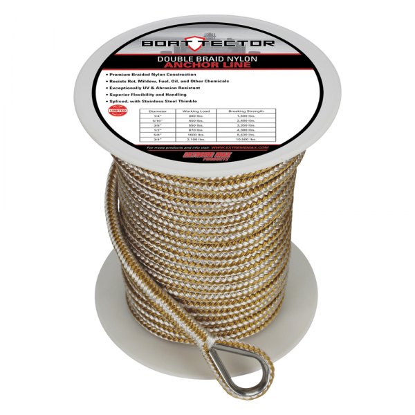 Extreme Max® - BoatTector 3/8" D x 150' L White/Gold Nylon Double Braid Anchor Line with Thimble