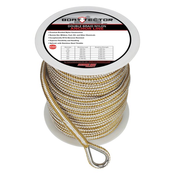 Extreme Max® - BoatTector 3/8" D x 200' L White/Gold Nylon Double Braid Anchor Line with Thimble