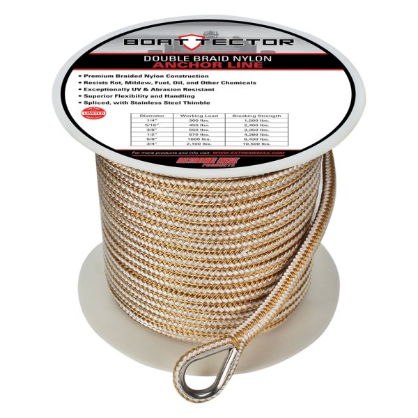 Extreme Max® - BoatTector 3/8" D x 250' L White/Gold Nylon Double Braid Anchor Line with Thimble