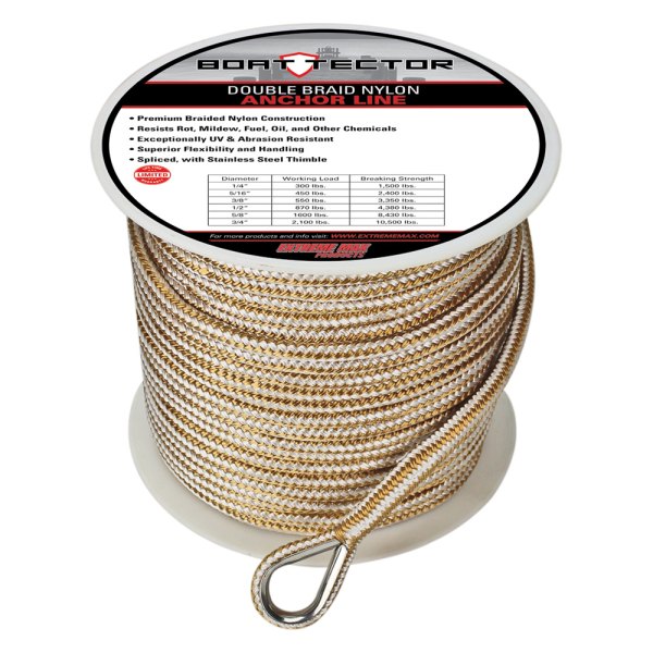 Extreme Max® - BoatTector 3/8" D x 300' L White/Gold Nylon Double Braid Anchor Line with Thimble