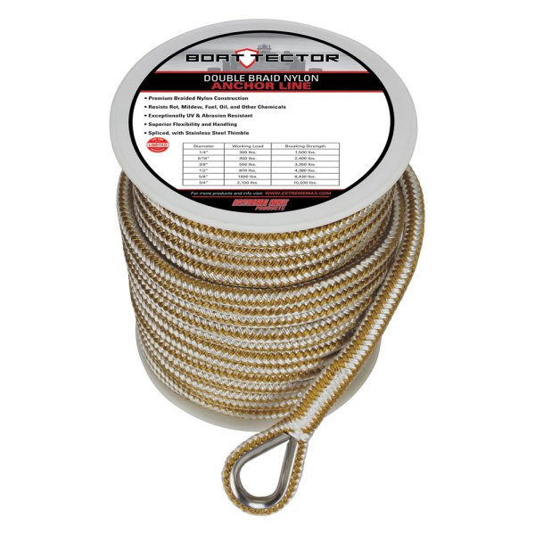 Extreme Max® - BoatTector 1/2" D x 150' L White/Gold Double Braid Nylon Anchor Line with Thimble