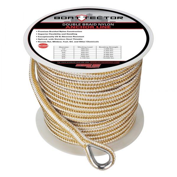 Extreme Max® - BoatTector 1/2" D x 200' L White/Gold Double Braid Nylon Anchor Line with Thimble