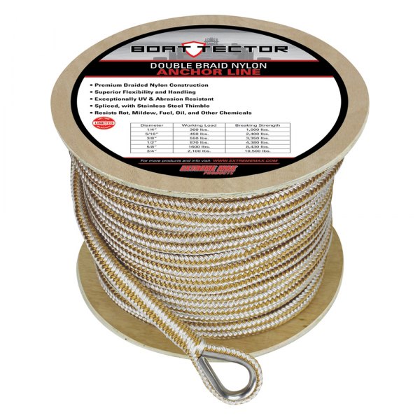 Extreme Max® - BoatTector 1/2" D x 250' L White/Gold Double Braid Nylon Anchor Line with Thimble