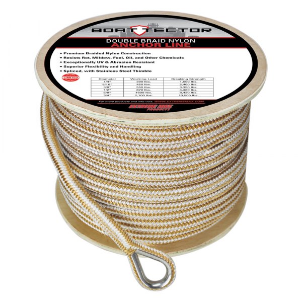 Extreme Max® - BoatTector 1/2" D x 300' L White/Gold Double Braid Nylon Anchor Line with Thimble