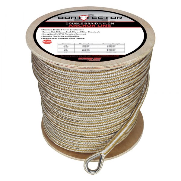 Extreme Max® - BoatTector Premium 1/2" D x 600' L White/Gold Nylon Double Braid Anchor Line with Thimble