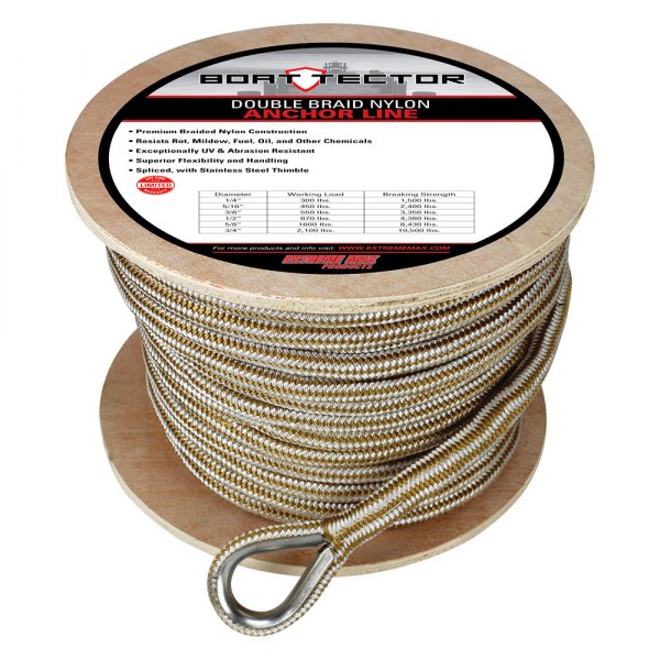 Extreme Max® - BoatTector 5/8" D x 200' L White/Gold Nylon Double Braid Anchor Line with Thimble