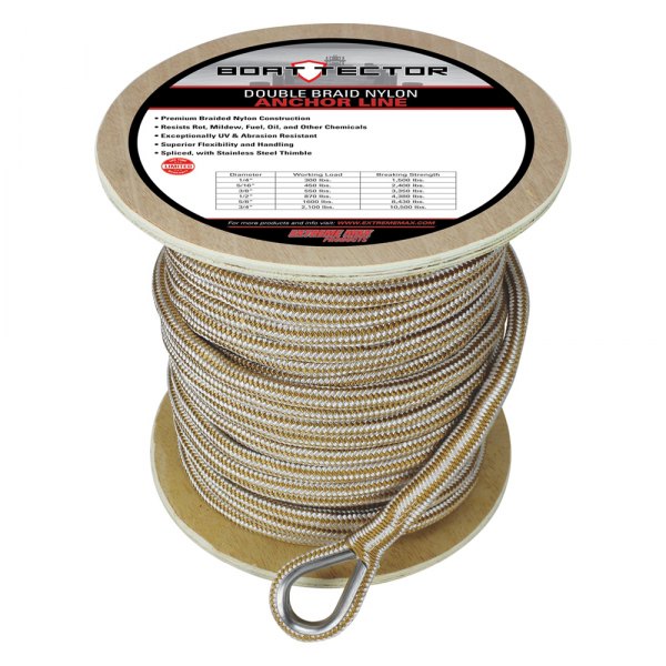 Extreme Max® - BoatTector 5/8" D x 250' L White/Gold Nylon Double Braid Anchor Line with Thimble