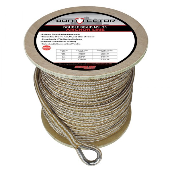 Extreme Max® - BoatTector Premium 5/8" D x 300' L White/Gold Nylon Double Braid Anchor Line with Thimble