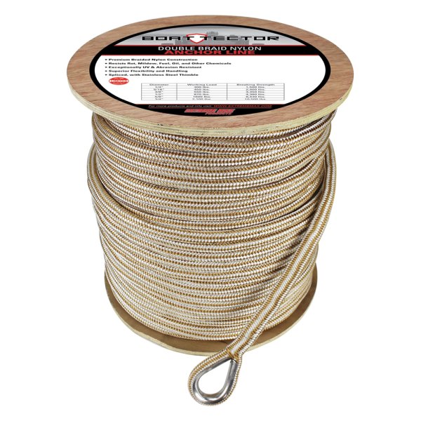 Extreme Max® - BoatTector Premium 5/8" D x 600' L White/Gold Nylon Double Braid Anchor Line with Thimble