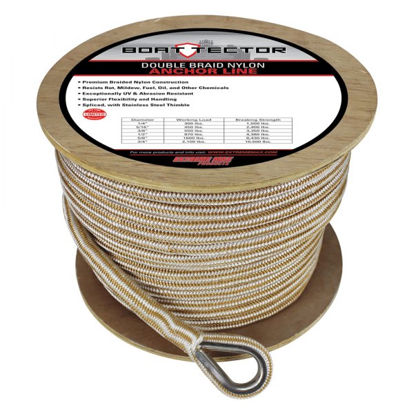 Extreme Max® - BoatTector Premium 3/4" D x 300' L White/Gold Nylon Double Braid Anchor Line with Thimble