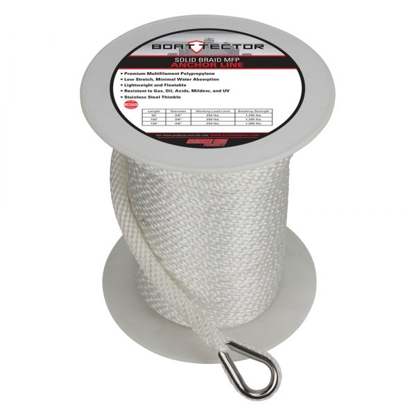Extreme Max® - BoatTector 3/8" D x 150' L White MFP Solid Braid Anchor Line with Thimble