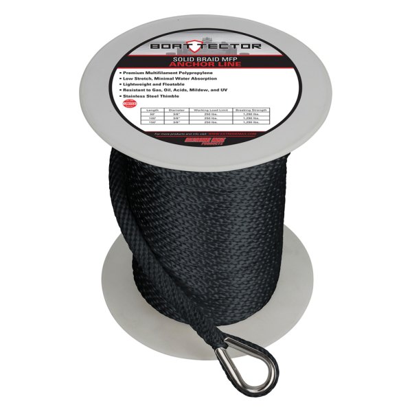 Extreme Max® - BoatTector 3/8" D x 150' L Black MFP Solid Braid Anchor Line with Thimble