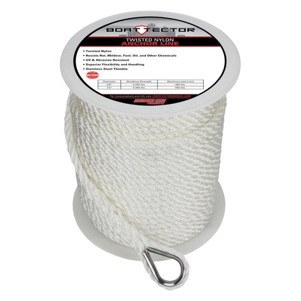 Extreme Max® - BoatTector Premium 3/8" D x 200' L White Nylon Twisted Anchor Line with Thimble