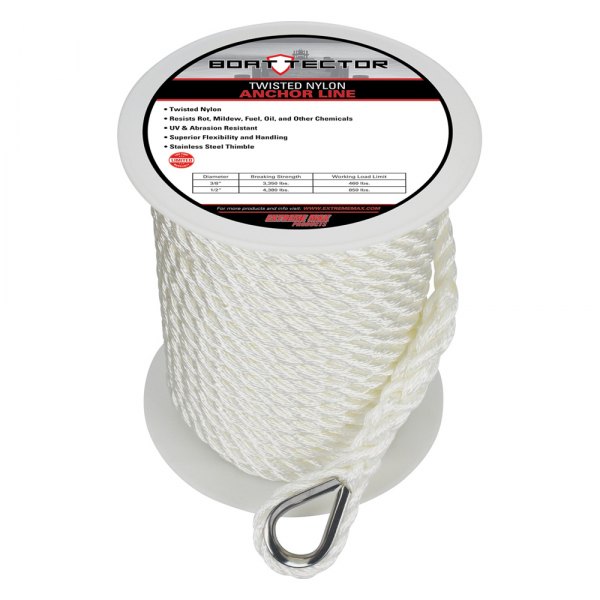 Extreme Max® - BoatTector 1/2" D x 100' L White Nylon Twisted Anchor Line with Thimble