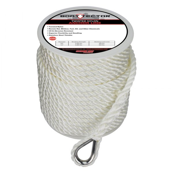 Extreme Max® - BoatTector 1/2" D x 150' L White Nylon Twisted Anchor Line with Thimble