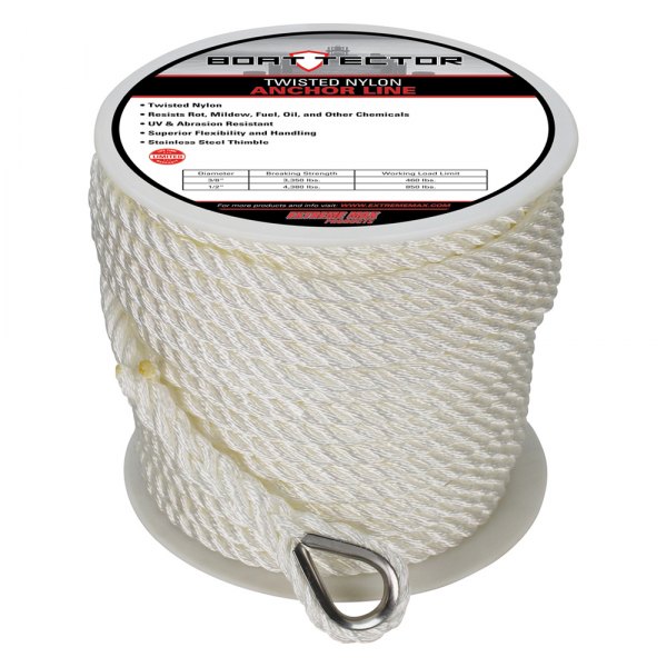 Extreme Max® - BoatTector 1/2" D x 200' L White Nylon Twisted Anchor Line with Thimble