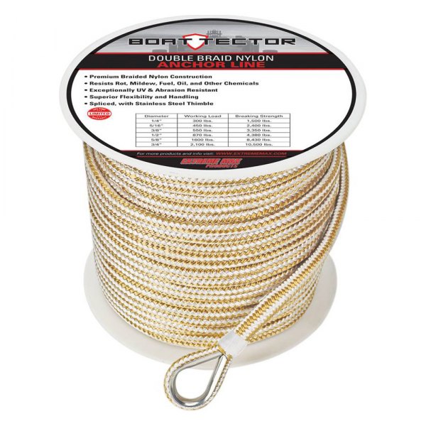 Extreme Max® - BoatTector Premium 3/8" D x 600' L White/Gold Nylon Double Braid Anchor Line with Thimble