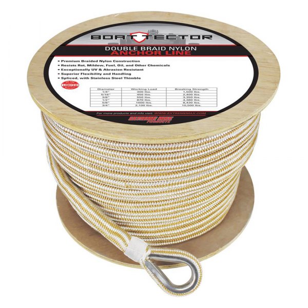 Extreme Max® - BoatTector Premium 3/4" D x 600' L White/Gold Nylon Double Braid Anchor Line with Thimble