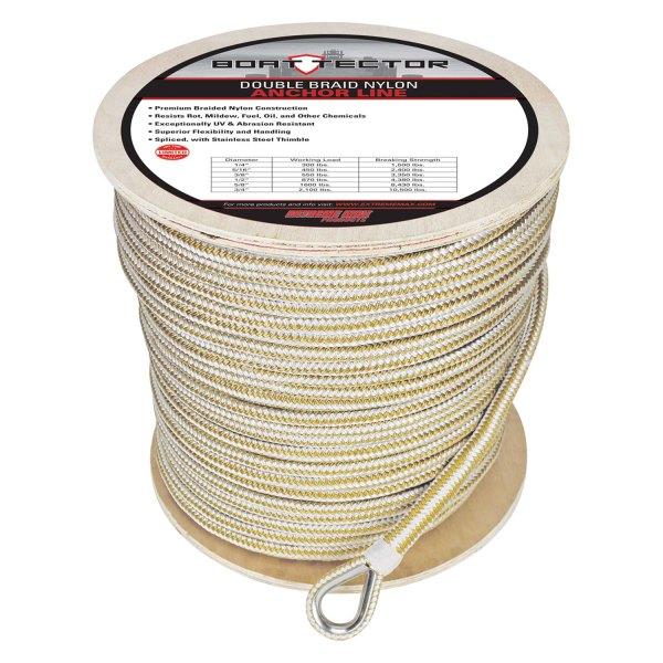 Extreme Max® - BoatTector Premium 1/2" D x 800' L White/Gold Nylon Double Braid Anchor Line with Thimble
