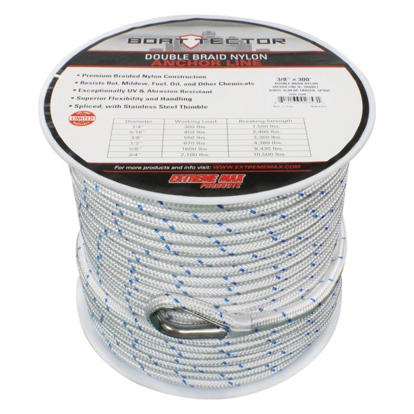 Extreme Max® - BoatTector 3/8" D x 300' L White/Blue Tracer Nylon Double Braid Anchor Line with Thimble