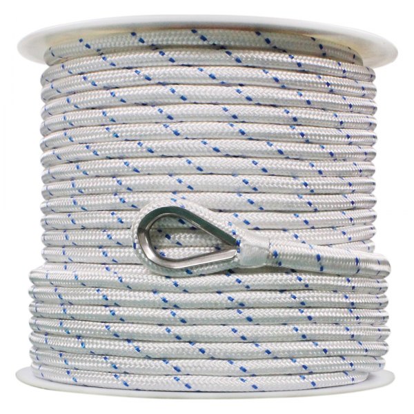 Extreme Max® - BoatTector 3/8" D x 600' L White/Blue Tracer Nylon Double Braid Anchor Line with Thimble