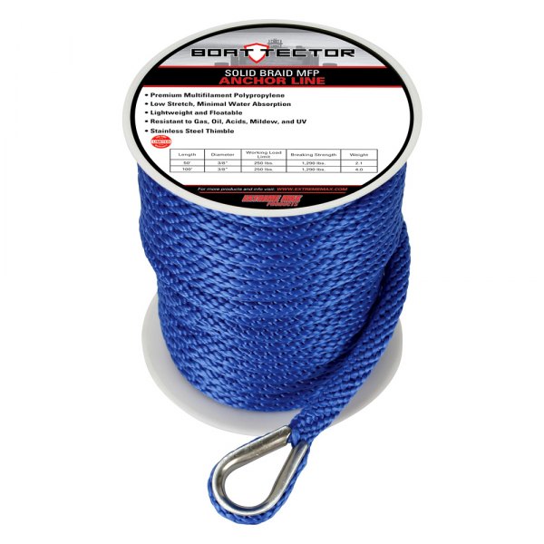 Extreme Max® - Premium 3/8" D x 150' L Blue MFP Solid Braid Anchor Line with Thimble