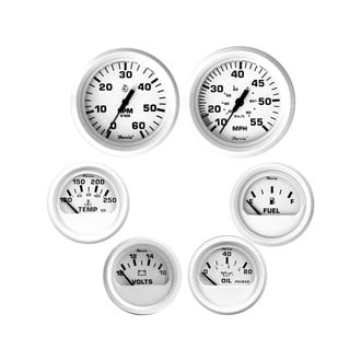 Faria Beede Instruments® - Dress Series 2.06"/3.37" White Dial/White Aluminum Bezel In-Dash Mount 6-Piece Inboard/Sterndrive Gauge Set
