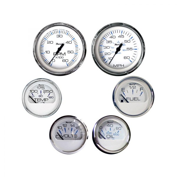 Faria Beede Instruments® - Chesapeake Series 2.06"/3.37" White Dial/Polished Stainless Steel Bezel In-Dash Mount 6-Piece Inboard/Sterndrive Gauge Set