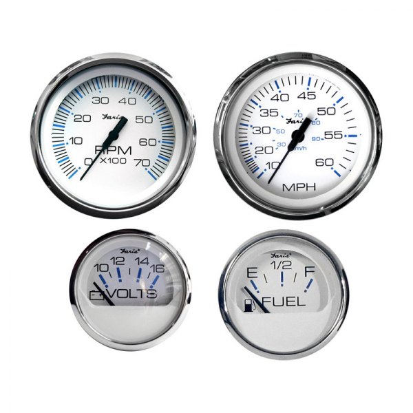 Faria Beede Instruments® - Chesapeake Series 2.06"/3.37" White Dial/Polished Stainless Steel Bezel In-Dash Mount 4-Piece Outboard Gauge Set