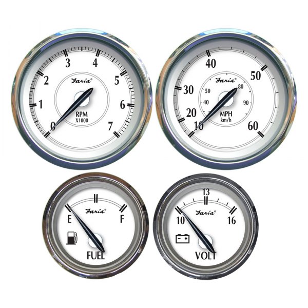 Faria Beede Instruments® - Newport SS Series 2.06"/3.37" White Dial/Stainless Steel Bezel In-Dash Mount 4-Piece Outboard Gauge Set