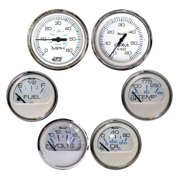 Faria Beede Instruments® - Chesapeake Series 2.06"/3.37" White Dial/Polished Stainless Steel Bezel In-Dash Mount 6-Piece Inboard/Sterndrive Gauge Set