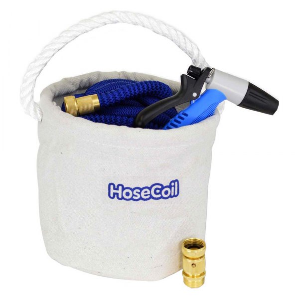 HoseCoil® - Canvas Bucket with 75'L Expandable Hose, Rubber Tip Nozzle & Quick Release