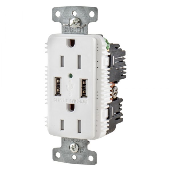 Hubbell® - 15 A 125 V 2-Pole 3-Wire White Charger Duplex Receptacle with Type A USB