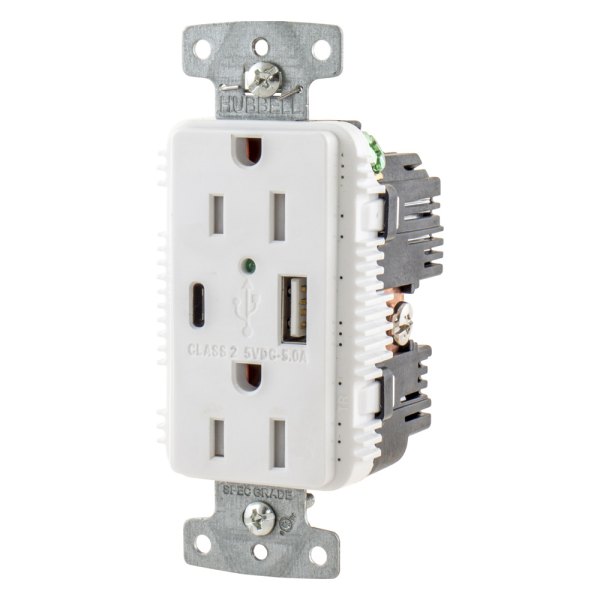 Hubbell® - 15 A 125 V 2-Pole 3-Wire White Charger Duplex Receptacle with Type A & C USB