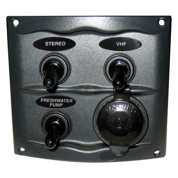 Marinco® - Waterproof Series 3-Gang 12 V DC 20 A Gray Toggle Switch Panel with 12 V Outlet