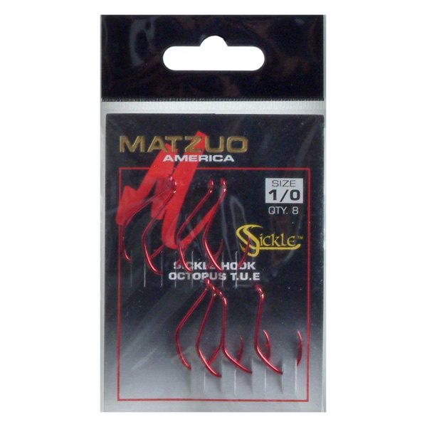 Matzuo America® - Octopus 1/0 Size Red Chrome Sickle Hooks, 8 Pieces
